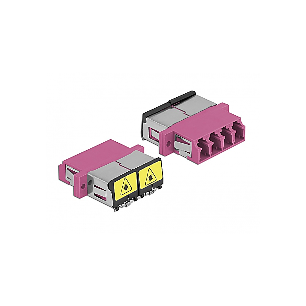 Due connettori in fibra ottica rosa e grigi. Ognuno ha etichette di avvertimento. Uno ha quattro porte, l'altro due.