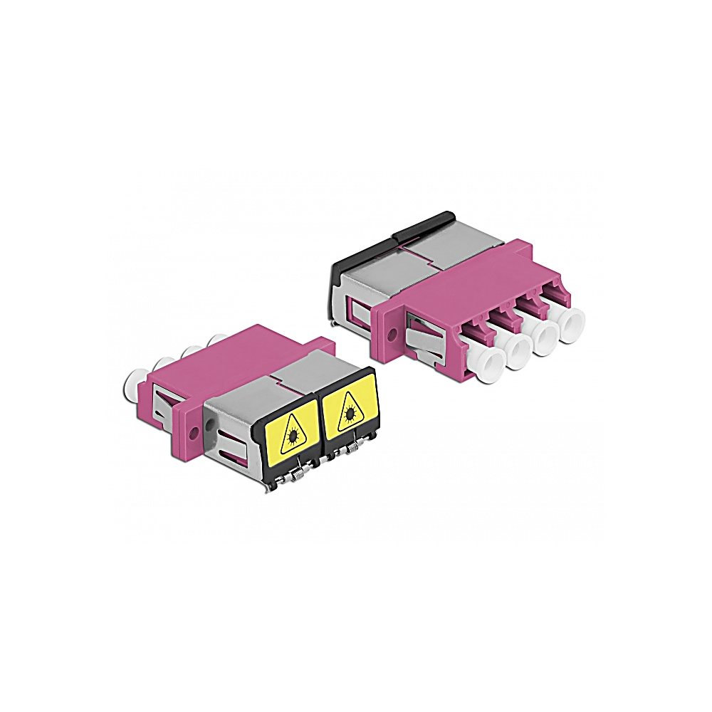 Due connettori in fibra ottica rosa e grigi. Ognuno ha porte bianche ed etichette di avvertenza gialle. Lo sfondo è bianco.