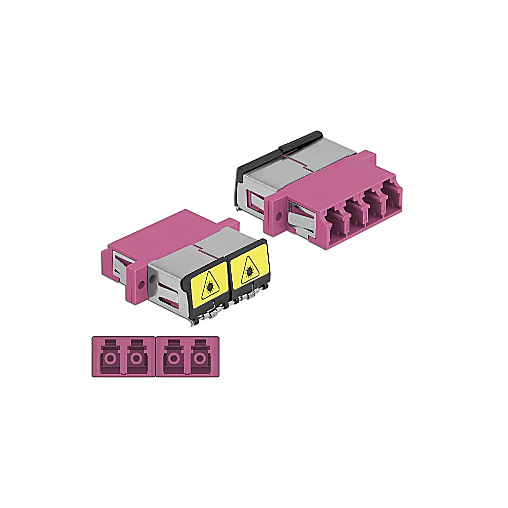 Connettori in fibra ottica con alloggiamento rosa e argento. Etichette gialle con simboli di avvertimento laser. Tre connettori in basso.