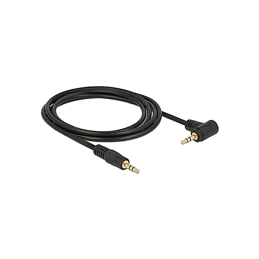 Un cavo audio nero con connettori dorati su sfondo bianco. Un connettore è angolato.
