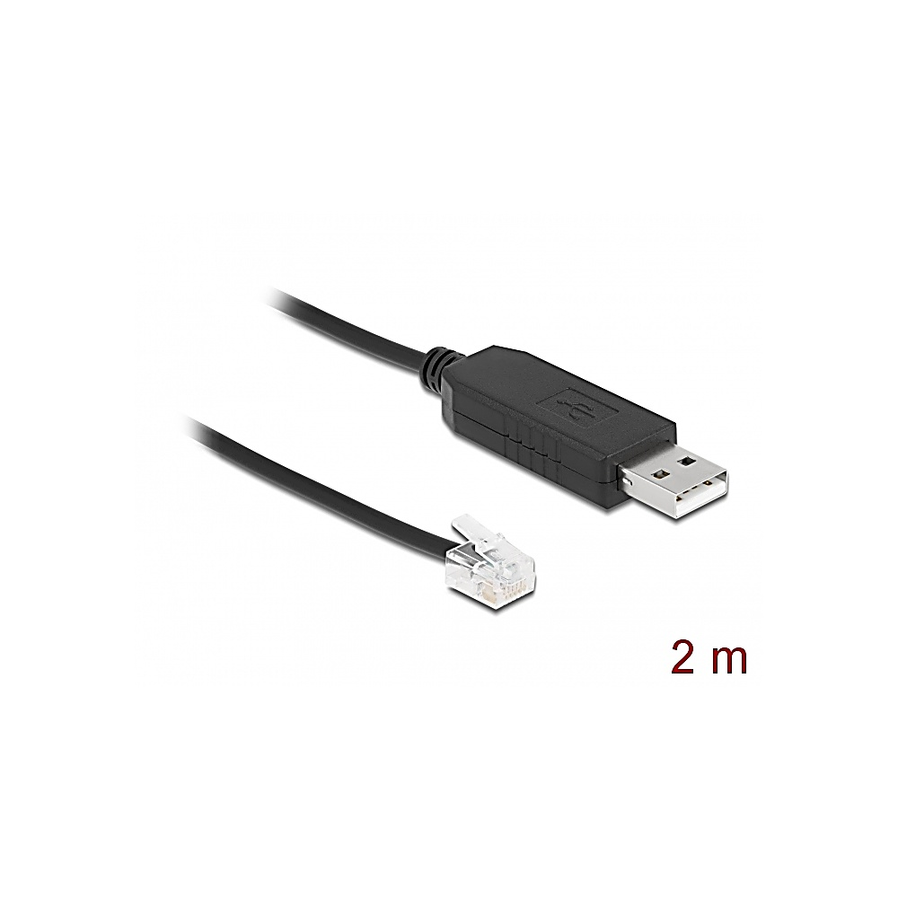 Un cavo nero da USB a RJ11 su sfondo bianco. L'estremità USB è collegata a un blocco rettangolare nero, con '2 m' in rosso.