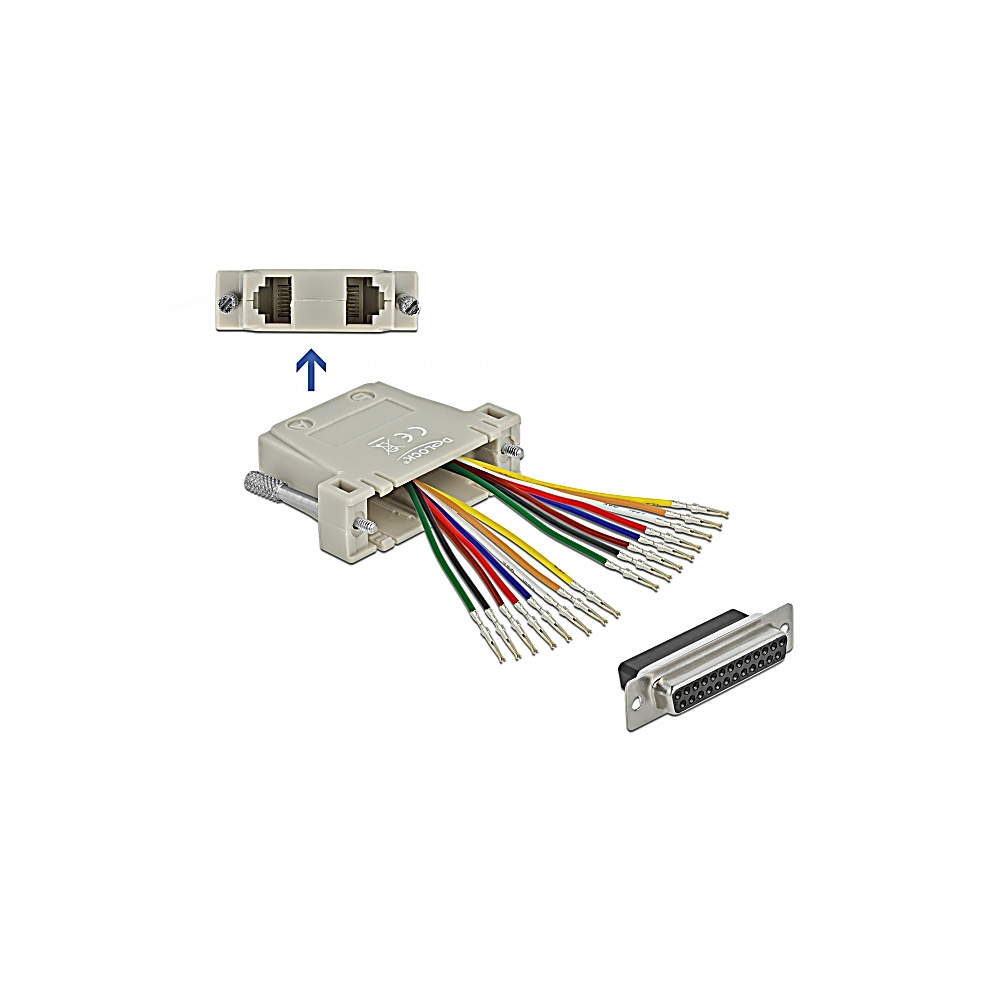 Connettore con fili colorati, un connettore separato e una porta RJ45 su sfondo bianco.