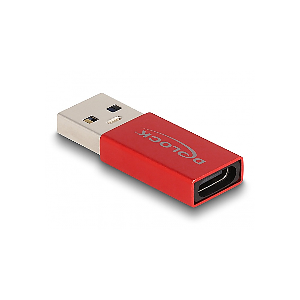 Czerwony i srebrny pendrive z nadrukowaną marką "DeLock" na białym tle.