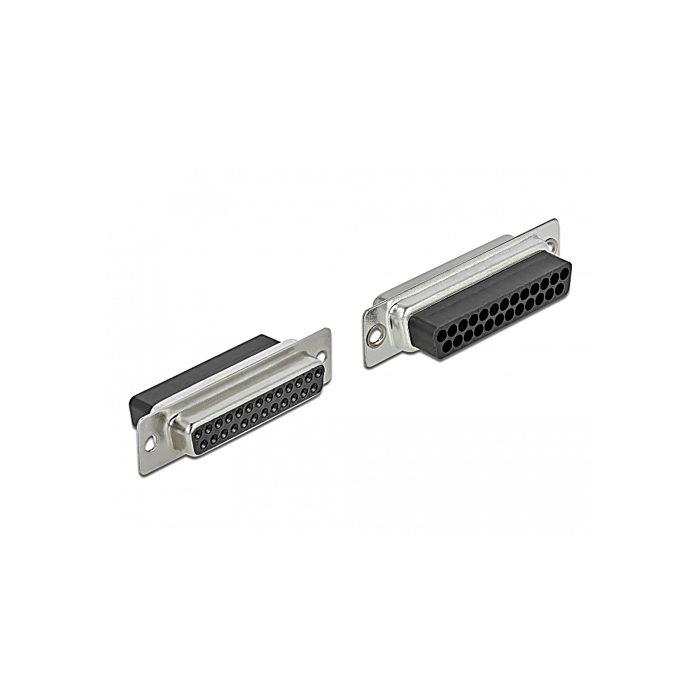 Due connettori D-sub su sfondo bianco. Hanno un involucro in metallo argentato e inserti in plastica nera con fori multipli.
