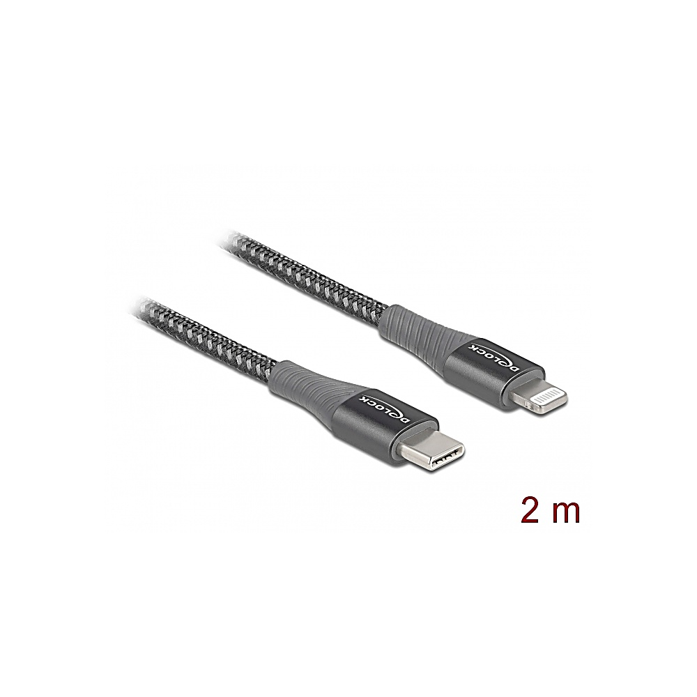 Dos cables USB negros y grises con diferentes conectores. Uno es lightning, el otro es USB-C. El texto '2 m' está al lado de los cables.