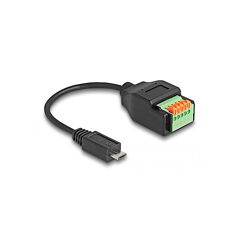 Czarny kabel z wtyczką micro USB i adapterem z blokiem zacisków. Adapter ma zielone i pomarańczowe złącza.
