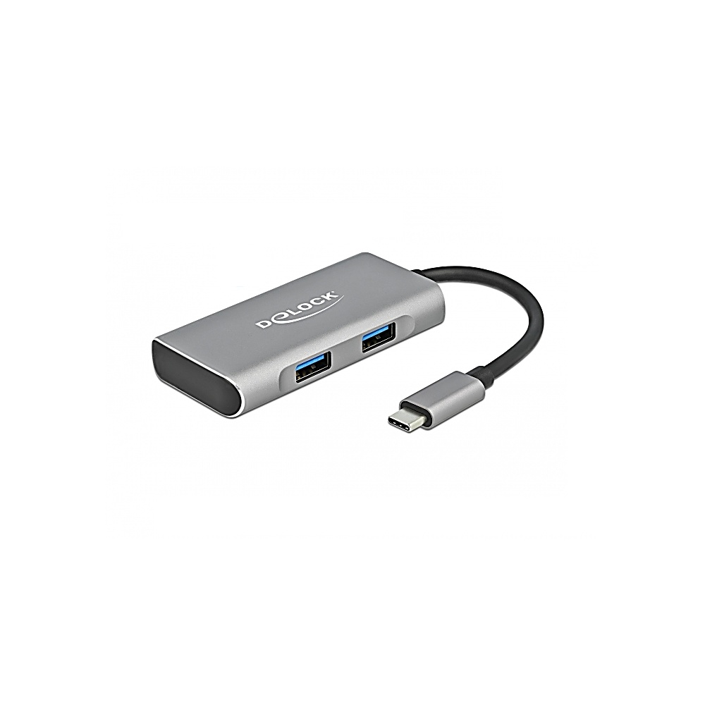 Un hub USB argento con cavo nero e connettore USB-C. Ha due porte USB e il logo DELOCK.