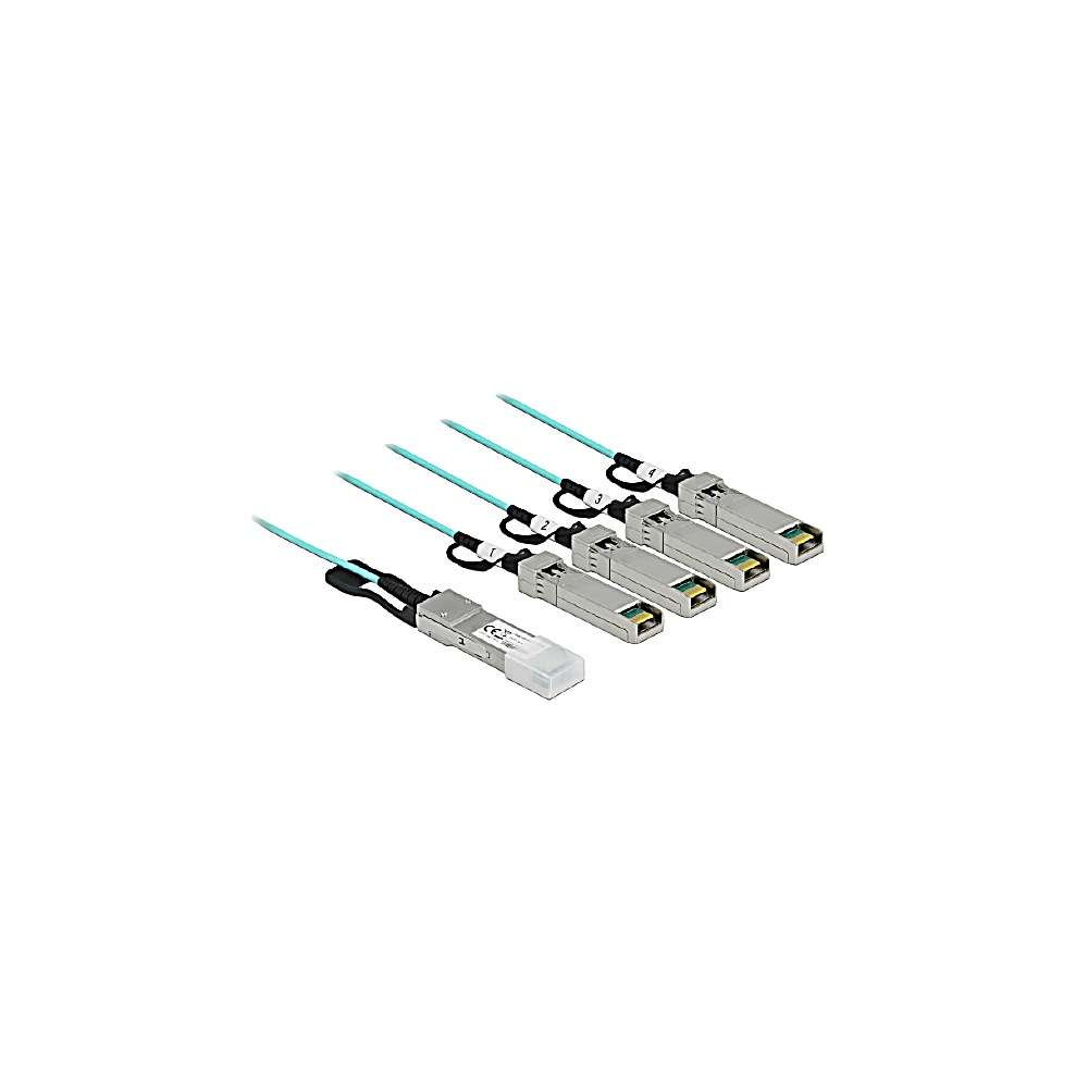 Cinque moduli SFP argentati con cavi blu su una superficie bianca. Ogni modulo ha una clip nera. I numeri indicano l'ordine dei cavi.