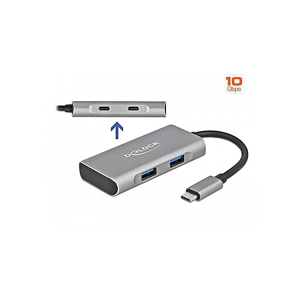 Un hub USB argentato con porte e un cavo USB-C. Un hub più piccolo mostra porte USB-C. L'hub è contrassegnato "DELOCK".