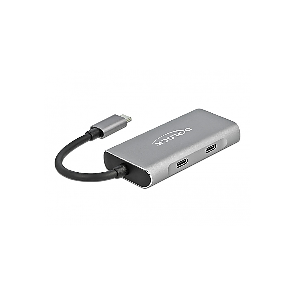 Un hub USB-C Delock argento con cavo collegato e diverse porte. Lo sfondo è bianco.