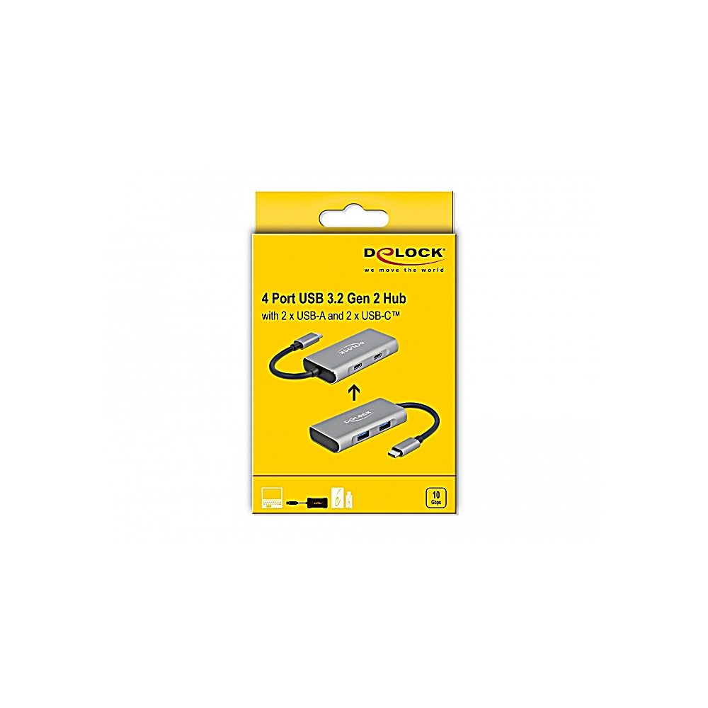 Una scatola gialla con un hub USB. La scatola mostra immagini dell'hub e descrive il prodotto come un hub USB 3.2 Gen 2 a 4 porte.