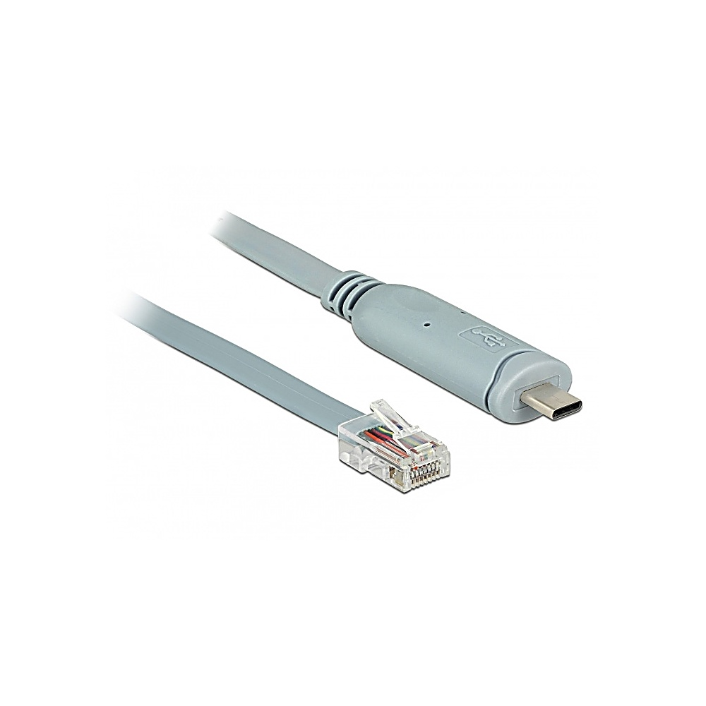Un cavo grigio con un connettore USB-C da un lato e un connettore RJ45 dall'altro. Il cavo è su sfondo bianco.