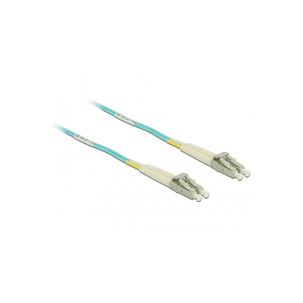 Due cavi in fibra ottica con cavi azzurri e connettori beige, su sfondo bianco.