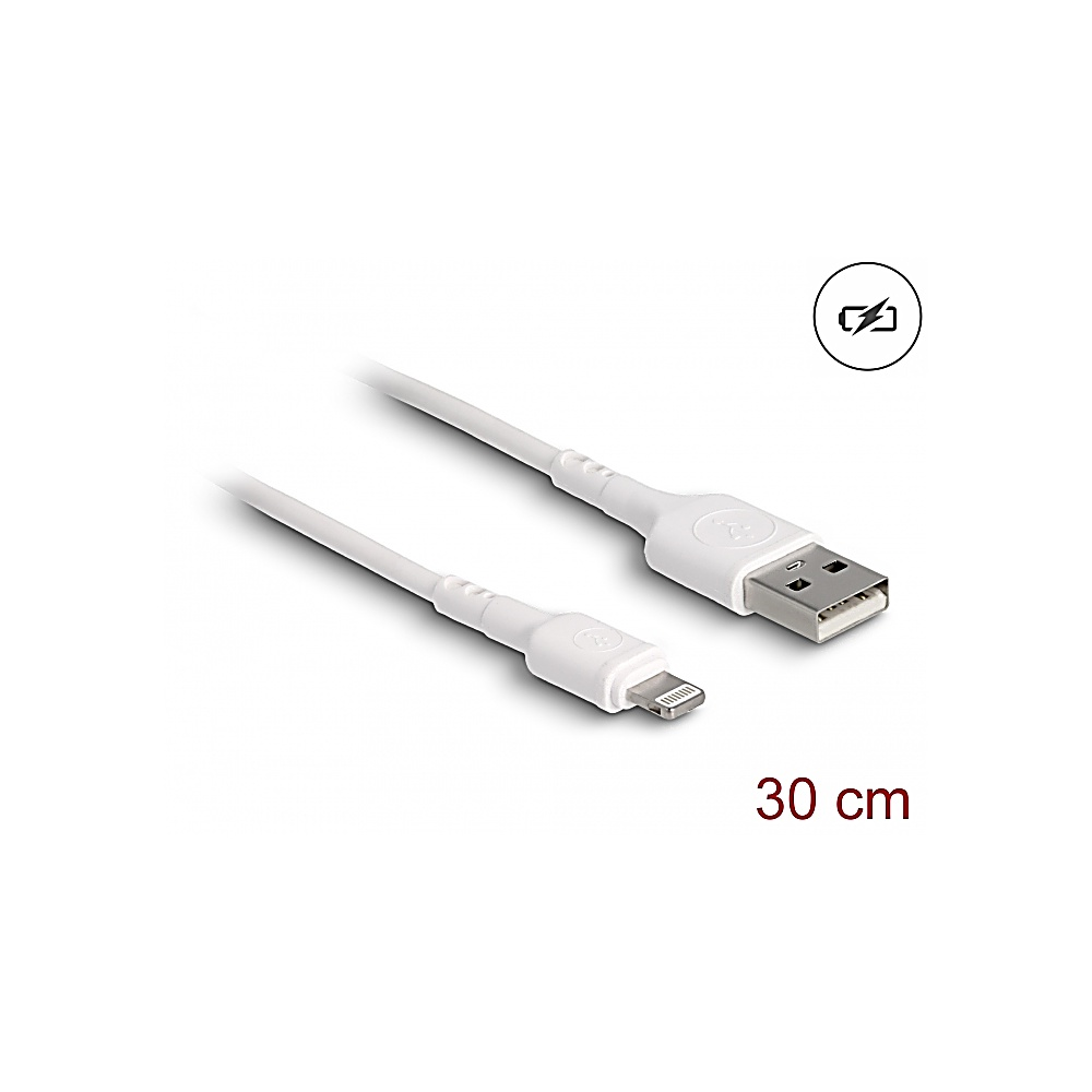 Ein weißes Ladekabel mit USB- und Lightning-Anschluss. Ein Batteriesymbol ist sichtbar. Die Länge beträgt 30 cm.