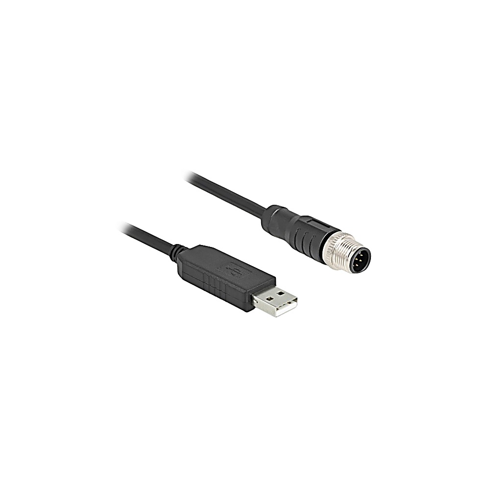 Cavo USB nero con connettore e connettore circolare a 5 pin. Sfondo bianco.