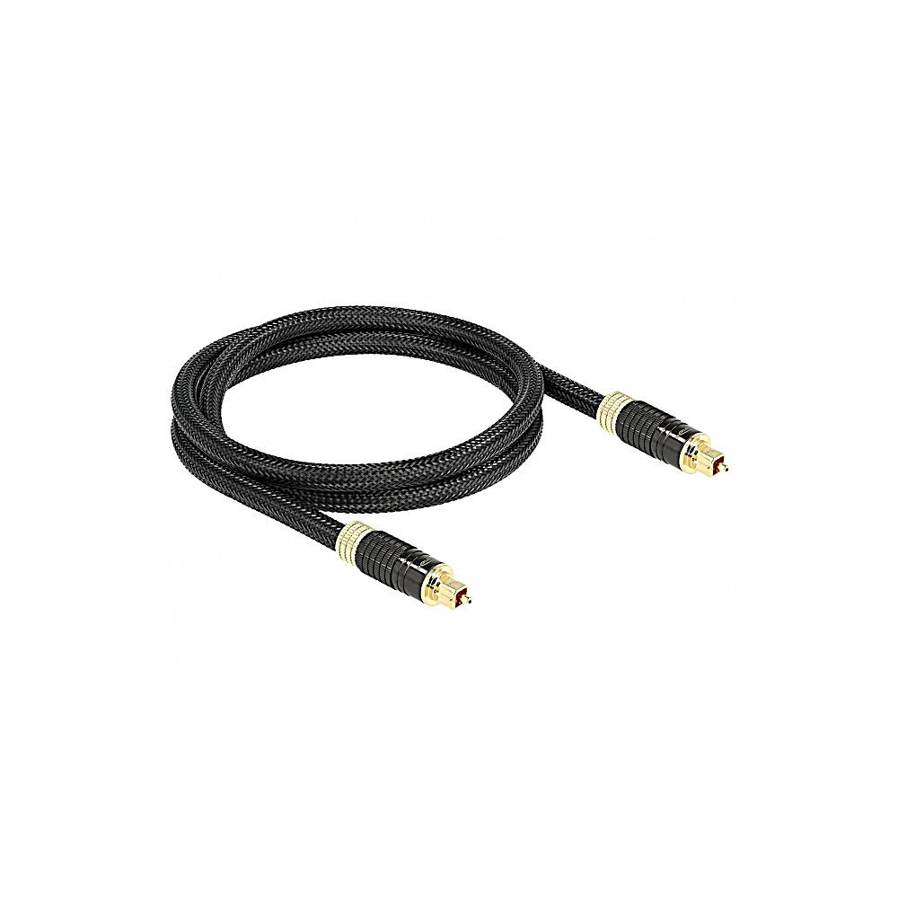 Un cavo audio ottico intrecciato nero con connettori dorati su sfondo bianco. Il cavo è arrotolato.