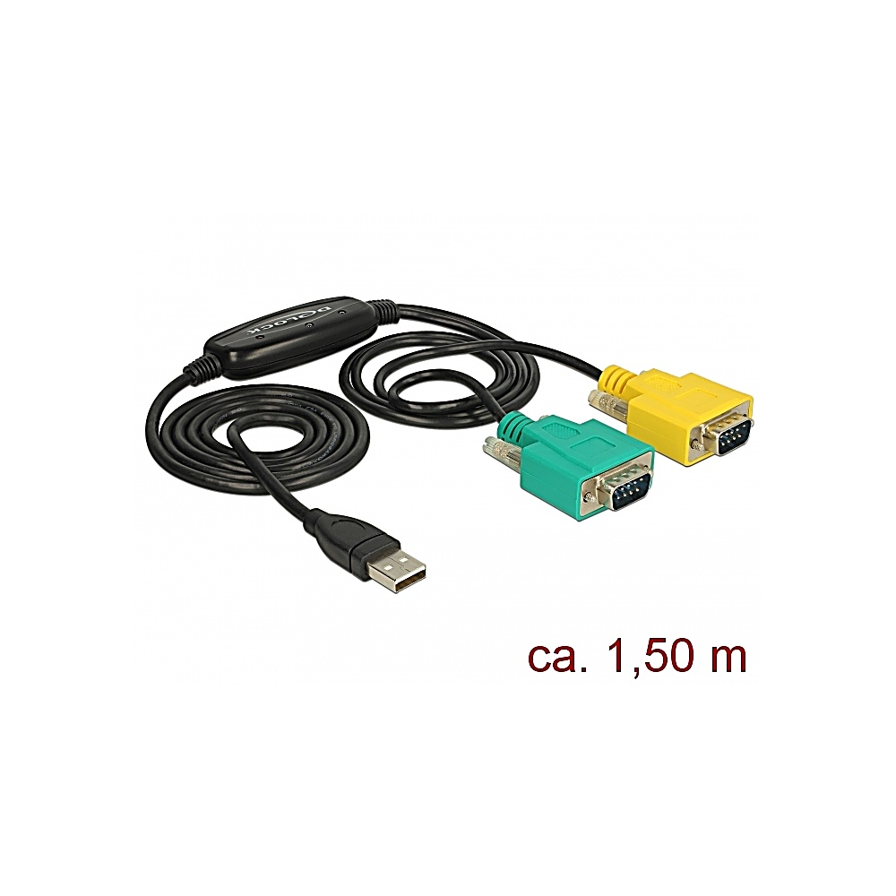 Un cavo da USB a VGA con cavo nero, un connettore nero e connettori VGA verdi e gialli. La lunghezza è di circa 1,50 m.