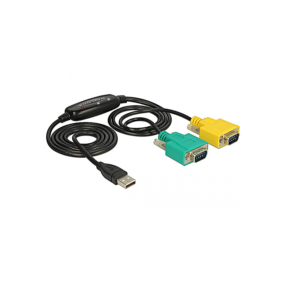 Cavo adattatore da USB a seriale nero con connettori verdi e gialli. Il cavo è arrotolato e ha un connettore USB.