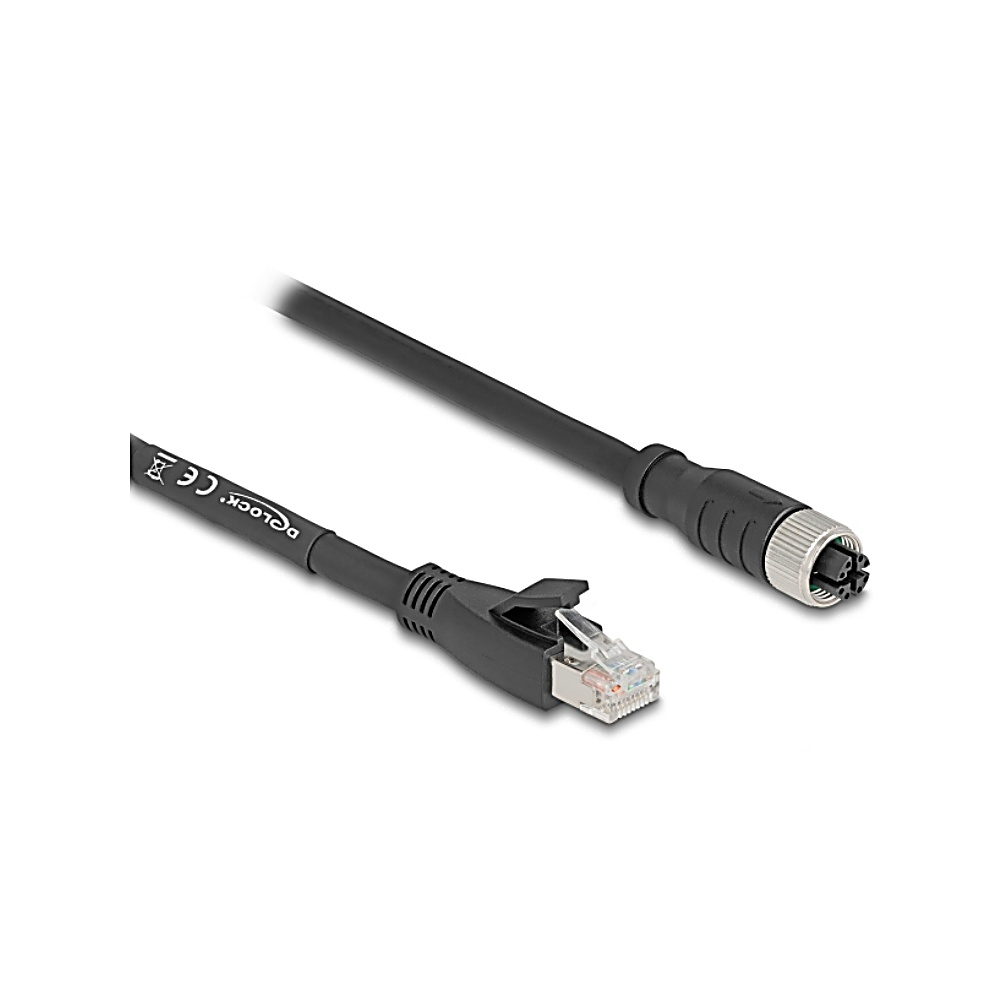 Cavo Ethernet nero con connettore RJ45 trasparente e connettore argentato su sfondo bianco.