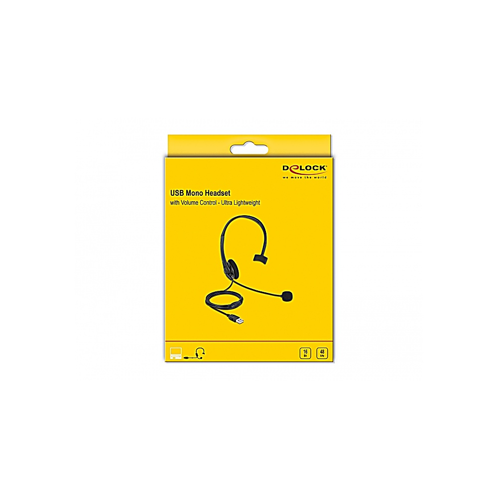 Una scatola gialla mostra un auricolare mono USB nero. L'auricolare ha un microfono flessibile. Il testo sulla scatola dice 'USB Mono Headset'.