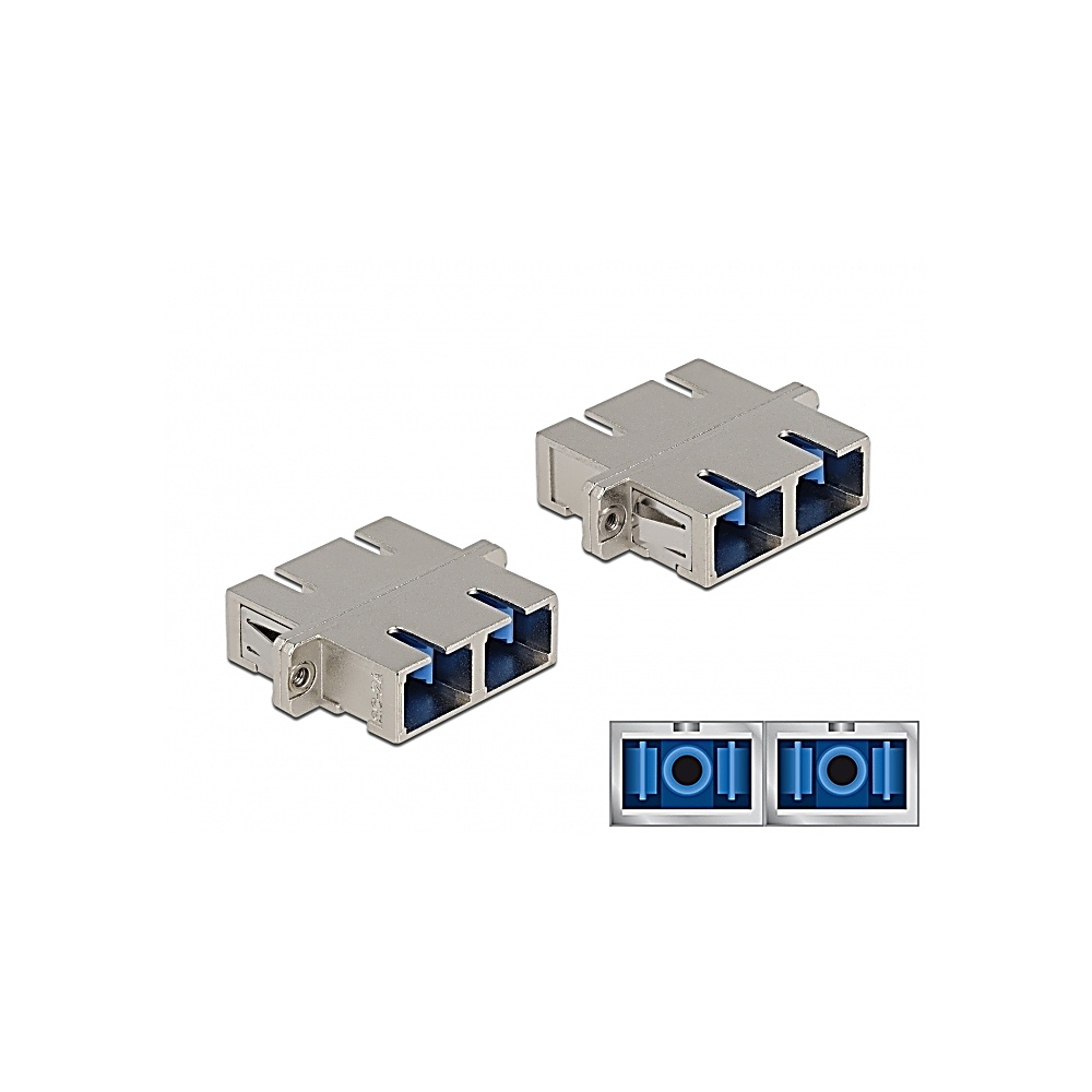 Due connettori in fibra ottica argentati con interni blu su sfondo bianco. È mostrato anche un primo piano degli interni.