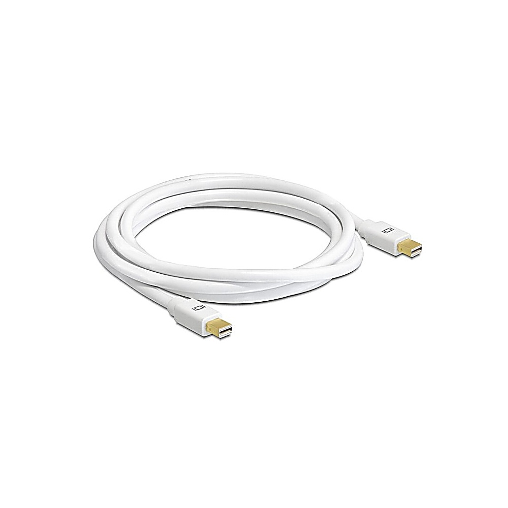 Un cavo bianco con due connettori, arrotolato su sfondo bianco.