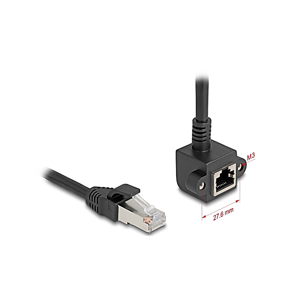Cavo Ethernet nero con connettore e un connettore angolato nero. Sfondo bianco. La misurazione di 27,6 mm è contrassegnata sull'immagine.