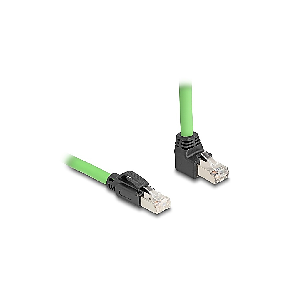 Due cavi Ethernet verdi su sfondo bianco. Ognuno ha un connettore nero. I cavi sono angolati e isolati.