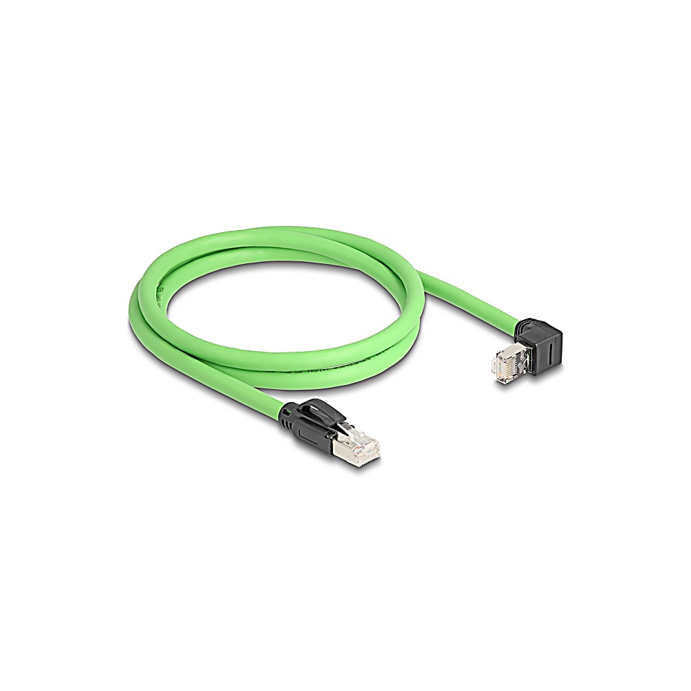 Un cavo Ethernet verde giace su una superficie bianca. Il cavo ha due connettori neri a ciascuna estremità. Il cavo è ad anello.