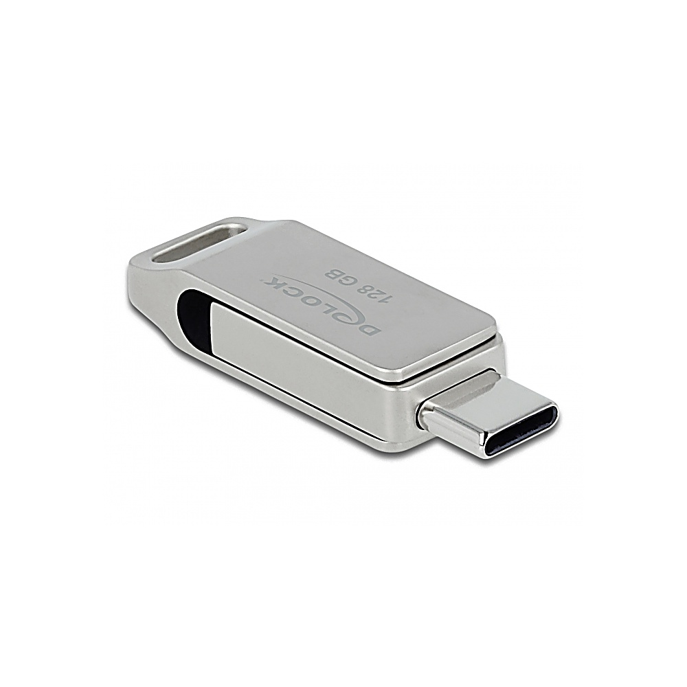Une clé USB-C argentée. Elle porte le nom de la marque 'DOCK' et '128 Go'. Le fond est blanc.