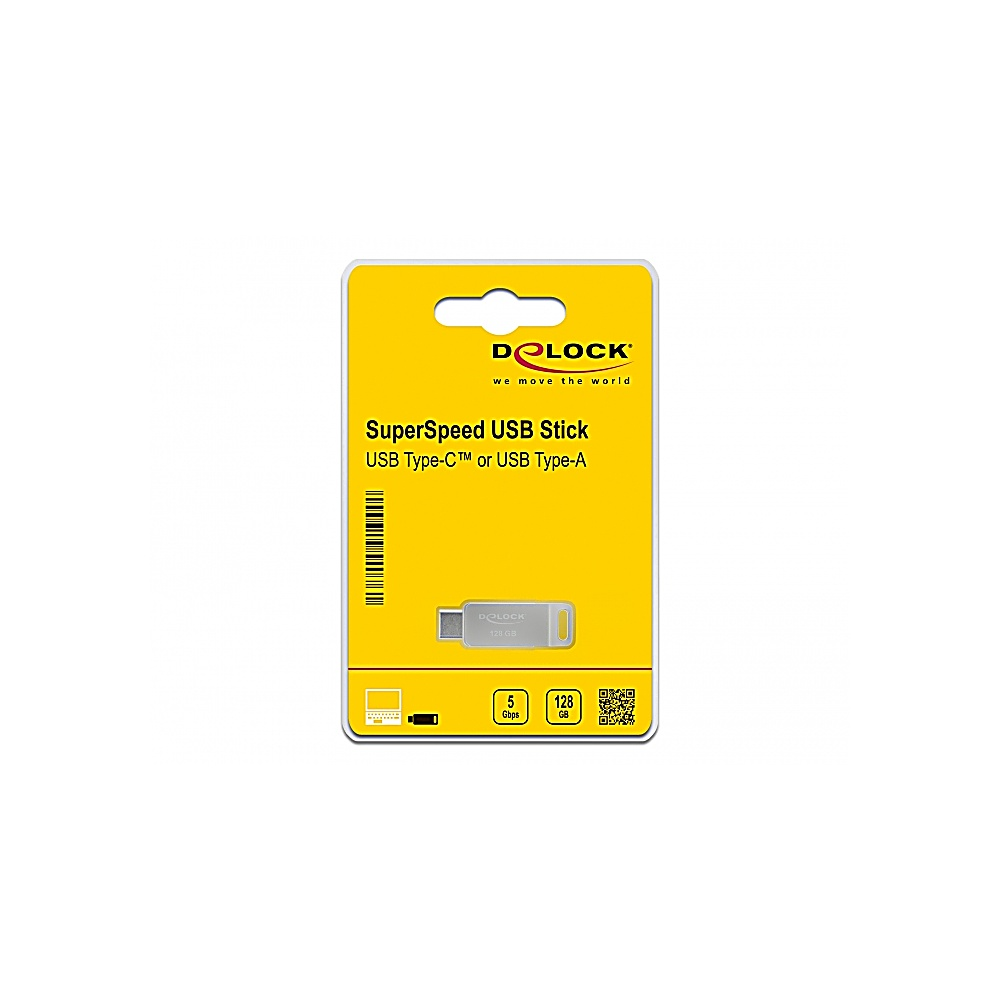 Un emballage jaune affiche une clé USB argentée. Le texte indique 'SuperSpeed USB Stick', logo 'DOLOCK', et capacité de 128 Go.