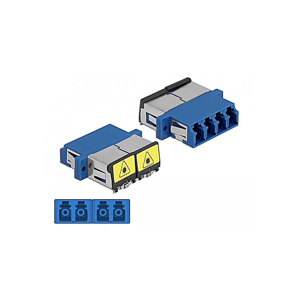 L'immagine mostra connettori in fibra ottica blu, argento e nero. Vengono mostrati tre connettori, insieme a una piccola fila di connettori blu.