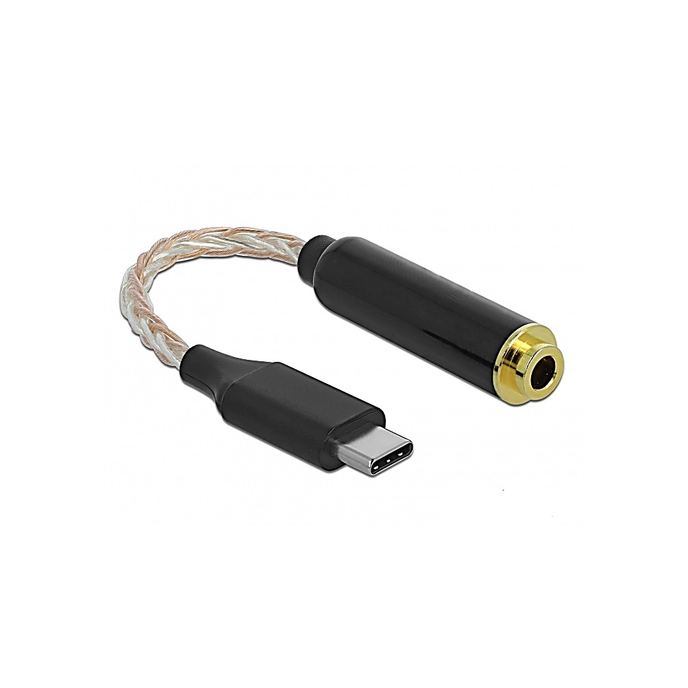 Un adattatore audio da USB-C a 3,5 mm nero. Ha un cavo intrecciato e dettagli dorati sull'estremità del jack audio.