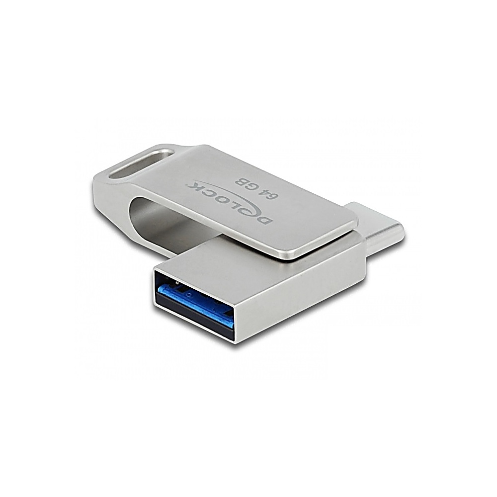 Srebrny pendrive USB z napisem 'D-LOCK 64 GB'. Port USB ma niebieskie wnętrze.
