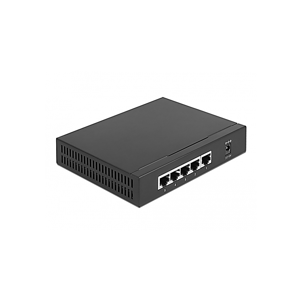 Een zwarte netwerkswitch met vijf Ethernet-poorten, genummerd 1 tot en met 5. Het heeft een stroomingang en ventilatiesleuven.