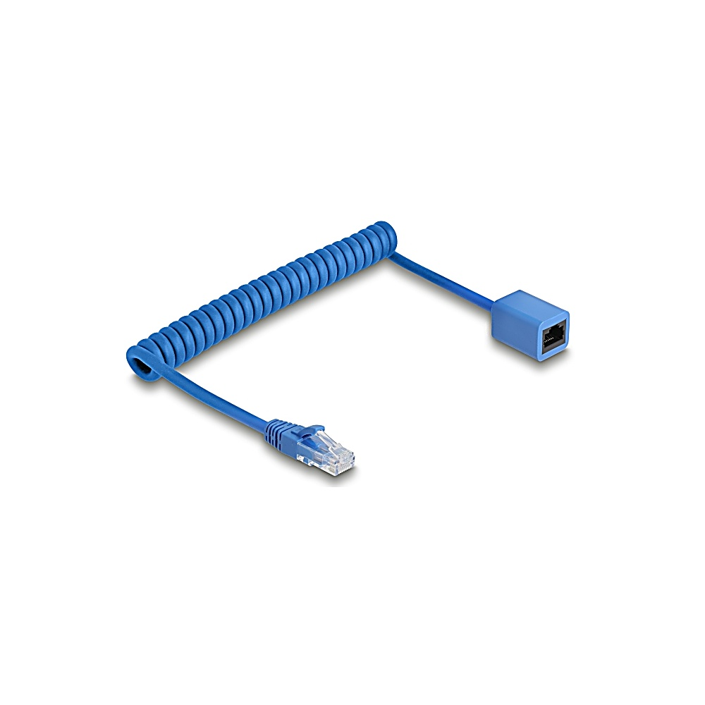 Cavo Ethernet blu a spirale con connettori a ciascuna estremità, uno rettangolare, uno trasparente e in plastica.