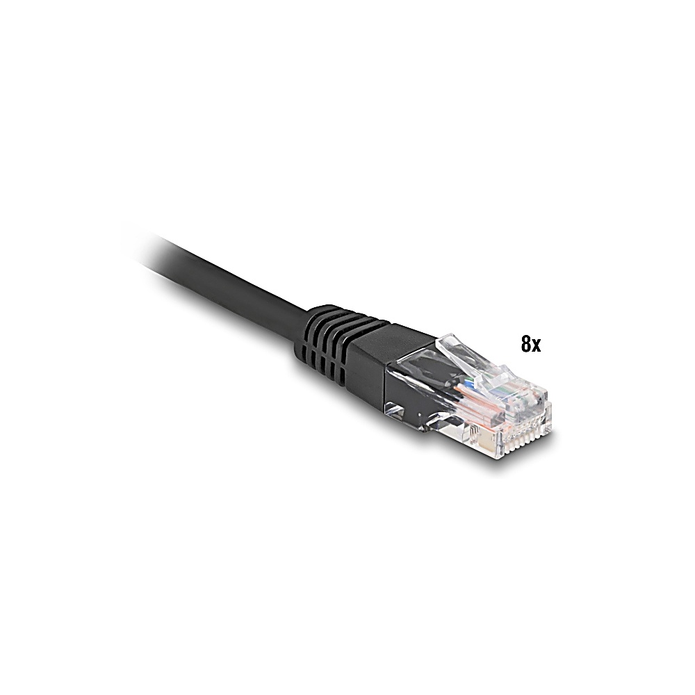Cavo Ethernet nero con connettore RJ45 trasparente. Il cavo è su sfondo bianco. Il numero 8x è a destra.