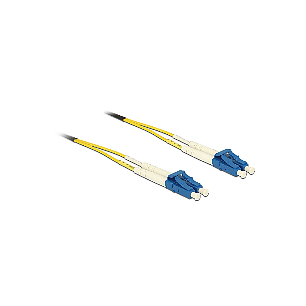 Due cavi in fibra ottica con connettori bianchi e blu, fili gialli e punte nere, su sfondo bianco.