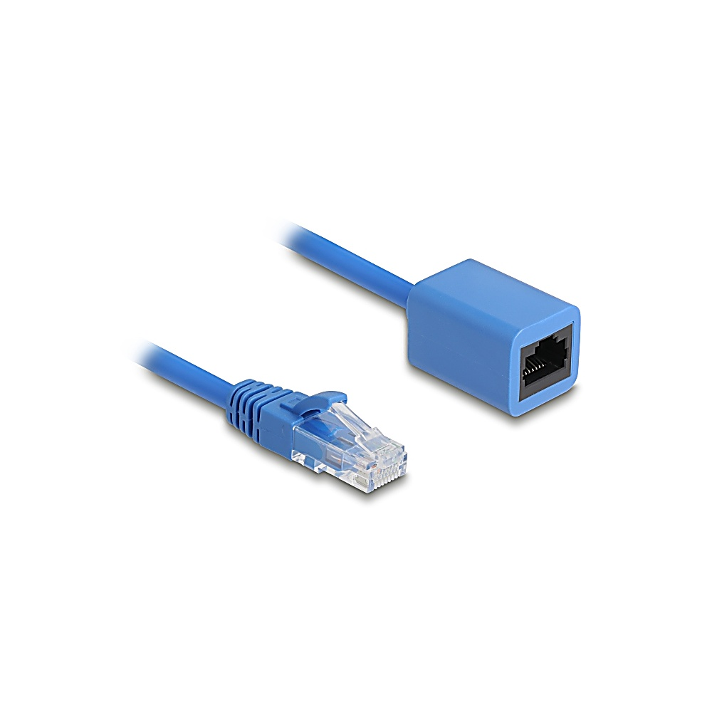 Un cavo Ethernet blu con un connettore e un adattatore rettangolare blu, entrambi su sfondo bianco.