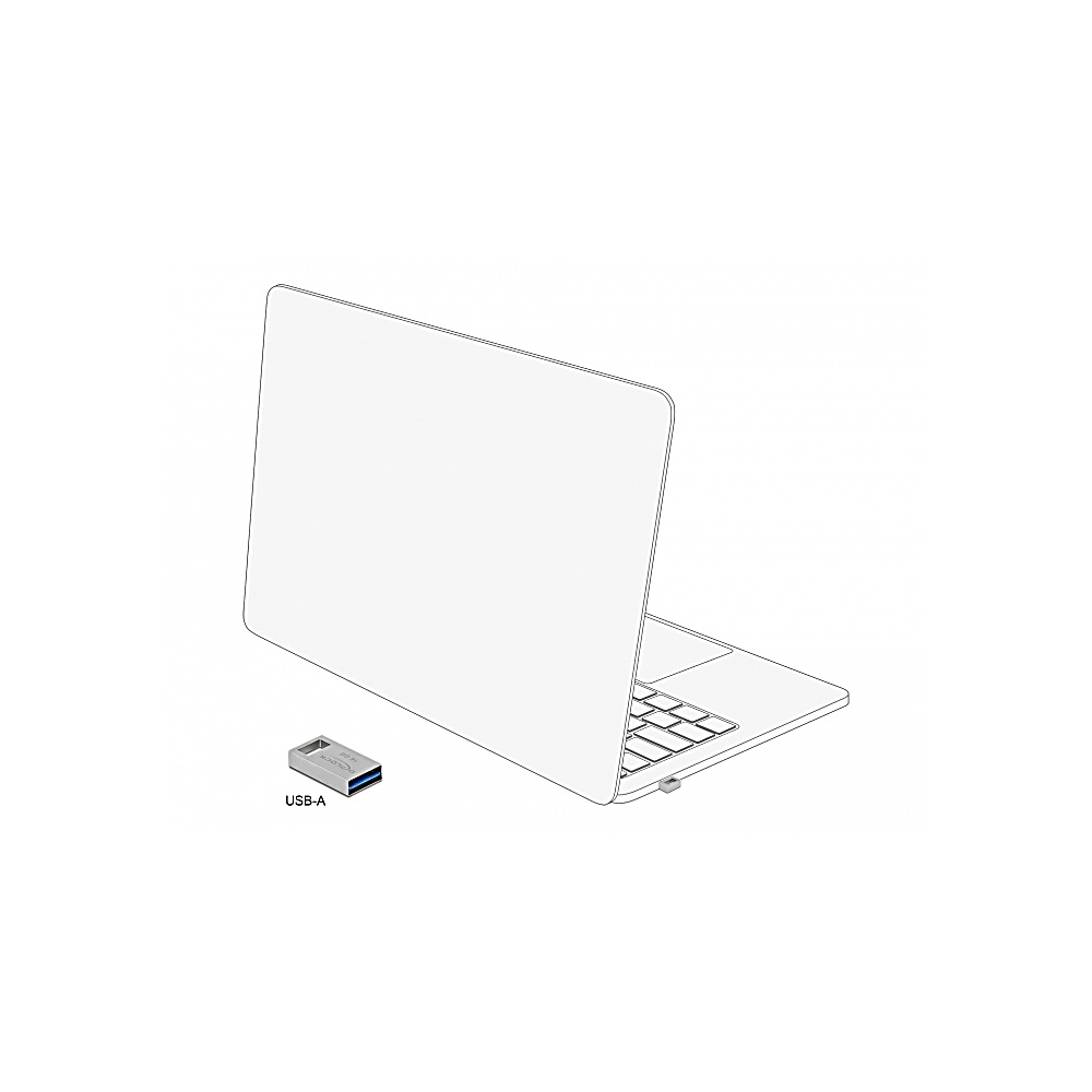 Laptop z napędem USB-A. Laptop jest biały, z otwartym ekranem. Napęd USB jest srebrny i niebieski, oznaczony jako 'USB-A'.