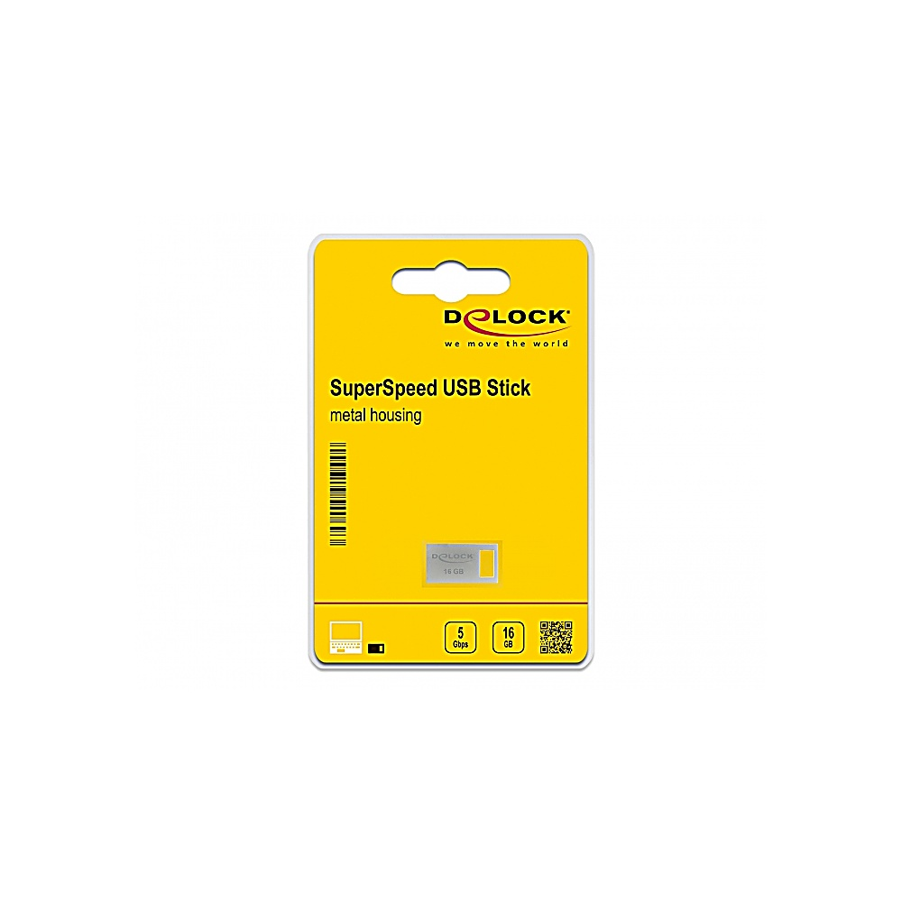 Żółte opakowanie na pamięć USB SuperSpeed z metalową obudową. Posiada logo D-LOCK i specyfikacje, takie jak 16 GB i 5 Gbps.