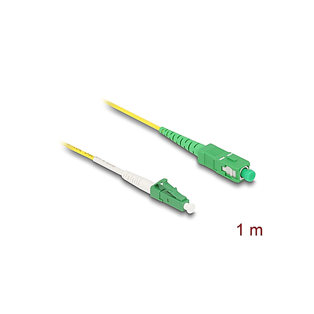 Due cavi in fibra ottica, uno con connettore bianco e l'altro con connettore verde, entrambi con cavi gialli.