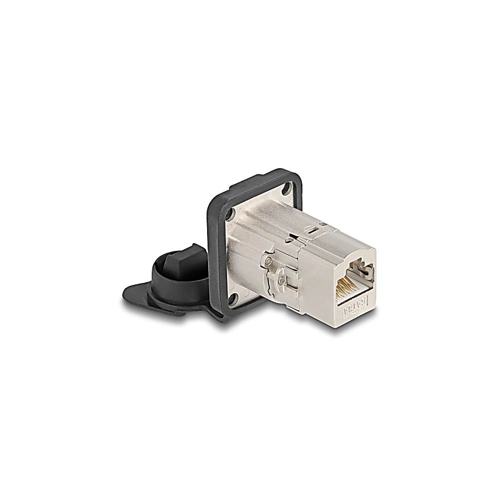 Un connettore Ethernet argento e nero. Ha un telaio quadrato, un corpo rettangolare e un cappuccio protettivo nero.