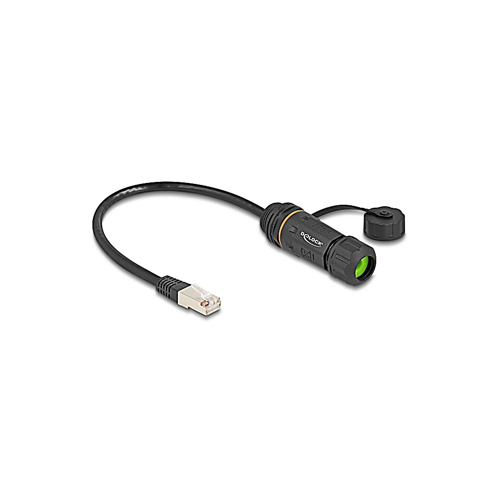 Cavo Ethernet nero con connettore RJ45 e connettore nero con interno verde e cappuccio.