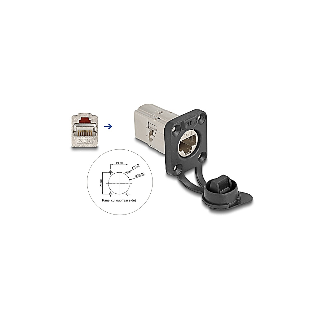 Un connettore RJ45 e un connettore per montaggio a pannello con dimensioni e un cappuccio protettivo, su sfondo bianco.