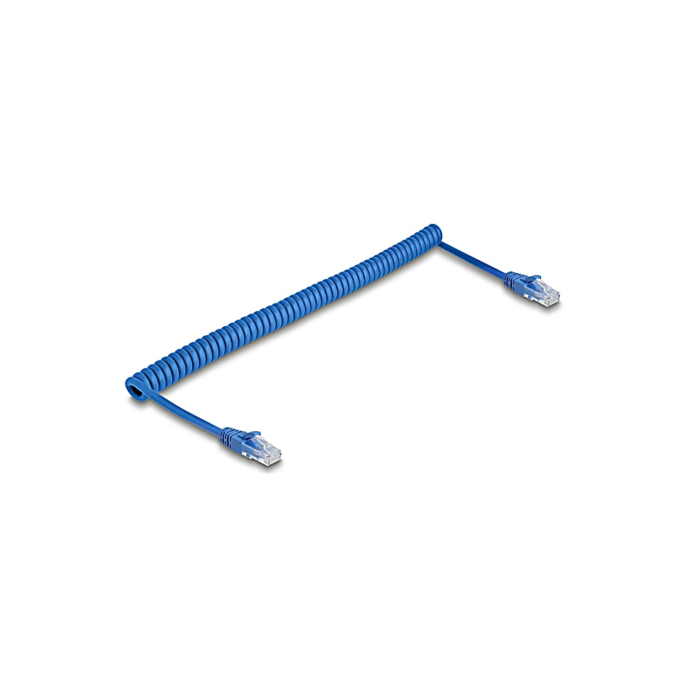 Un cavo Ethernet blu a spirale con due connettori a ciascuna estremità, su sfondo bianco.