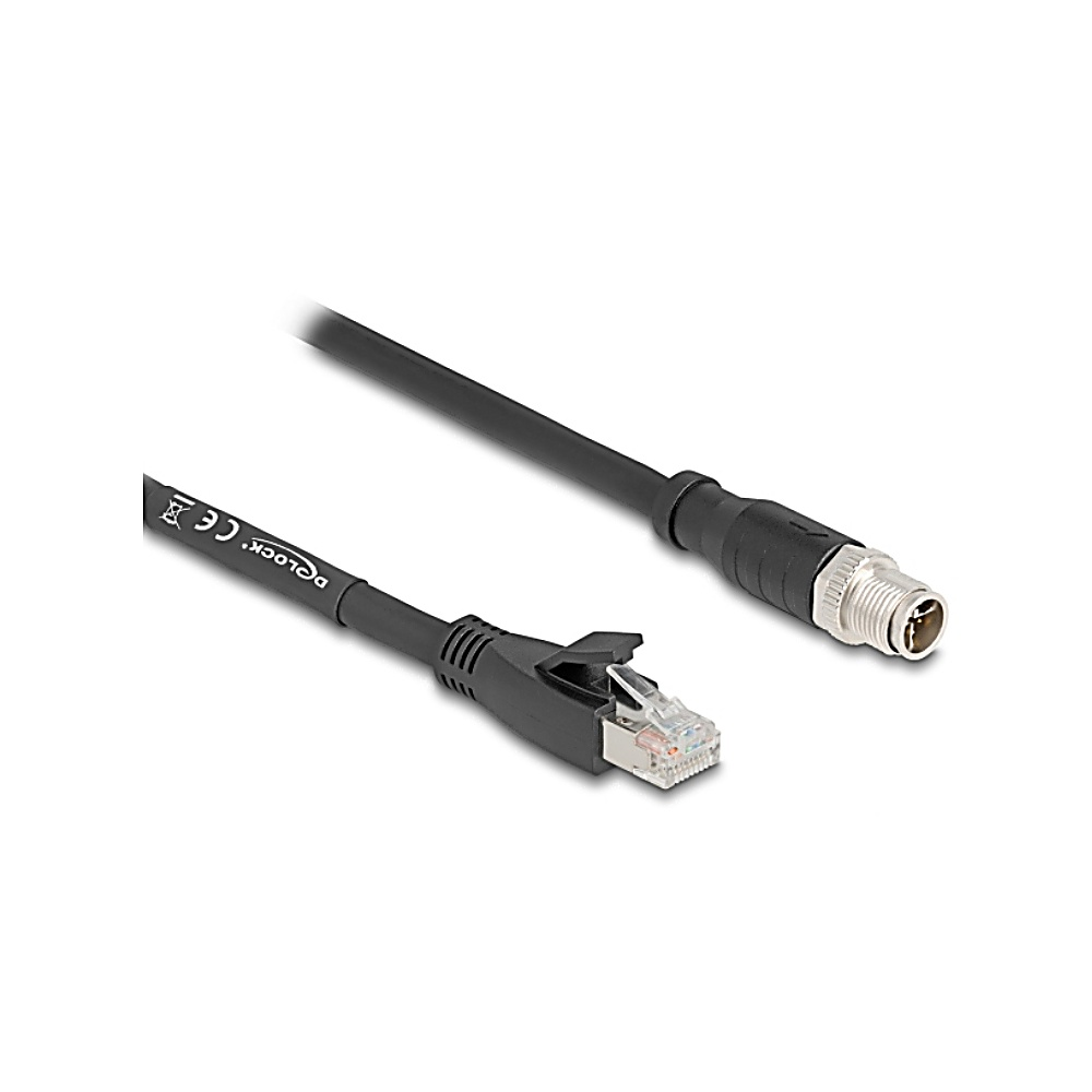 Un cavo di rete nero con due connettori. Uno è RJ45, l'altro è un connettore circolare con bordo metallico argentato.