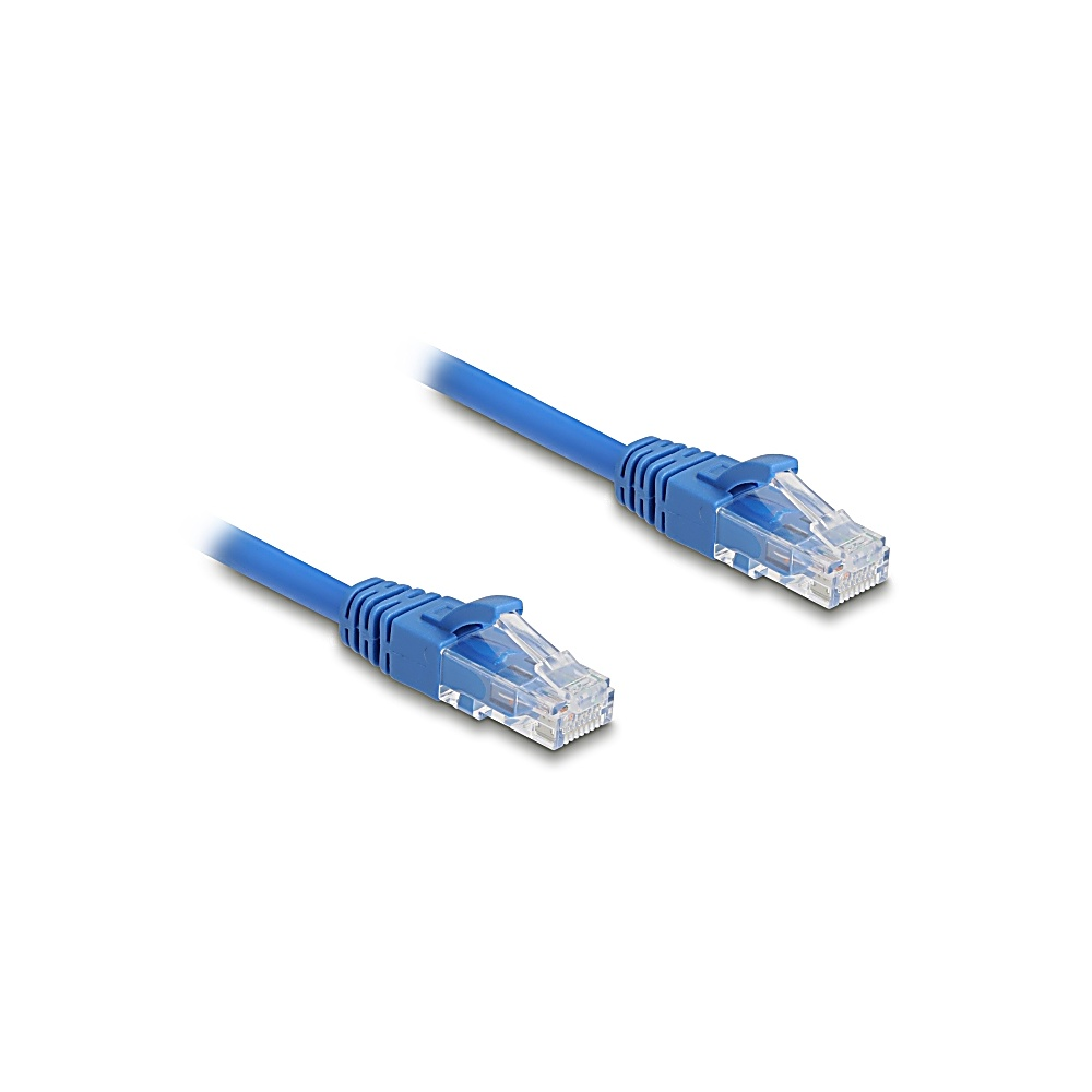 Due cavi Ethernet blu con connettori trasparenti su sfondo bianco. I cavi sono angolati, leggermente separati.