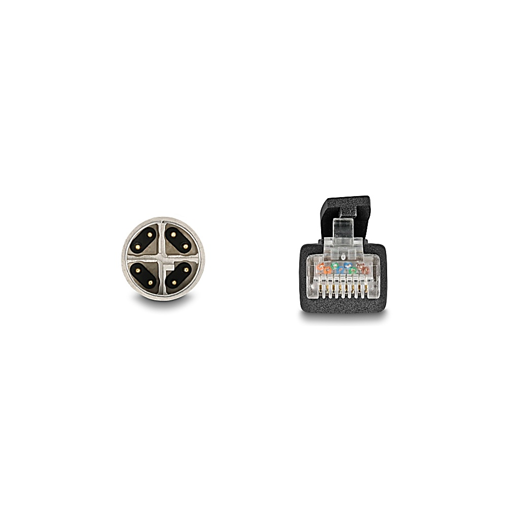 Due connettori per cavi su sfondo bianco. Uno è un 4 pin circolare, l'altro è un RJ45 nero con fili visibili.
