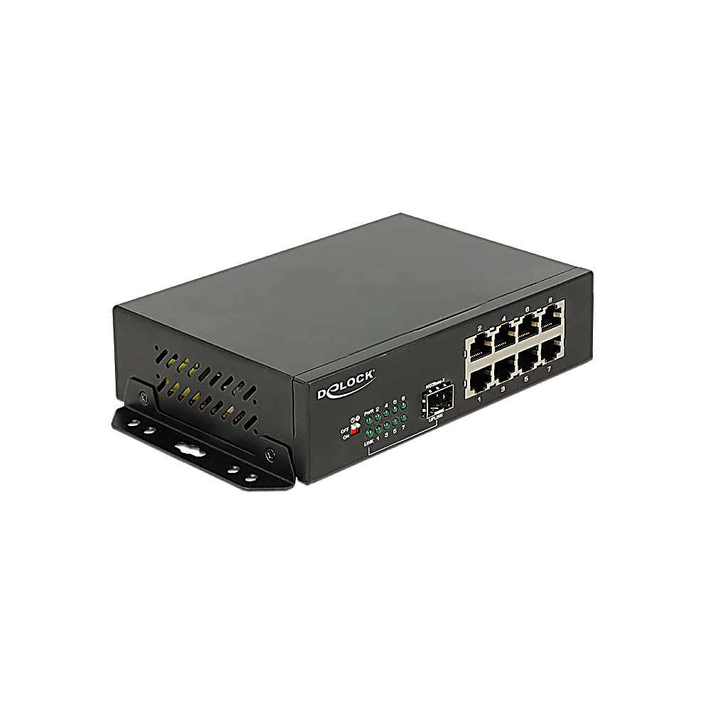 Czarny przełącznik sieciowy z wieloma portami. Ma logo D-Lock. Urządzenie znajduje się na białym tle.